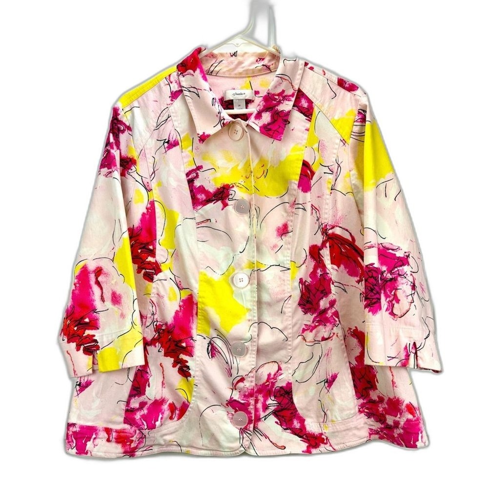 CJ Banks Abstract Floral Lightweight Blazer Jacket – Size 2X Pink Yellow Black